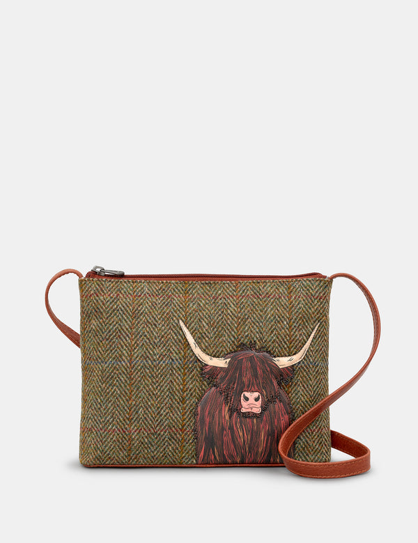 Highland Cow Tweed Leather Cross Body Bag