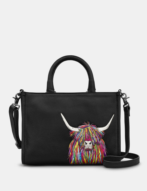 Highland Cow Black Leather Grab Bag